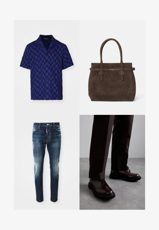 J.LINDEBERG TORPA RESORT - Hemd - bridge stack blue; Weißes Baumwoll-Top ohne Ärmel mit rundem Ausschnitt, ausgestattet mit einer glatten Textur und einer figurbetonten Form, ideal für die Freizeit.; Dunkelblaue Jeans im Slim-Fit-Schnitt, mit verwaschenen Stellen an den Oberschenkeln und Knien, fünf Taschen und einem Metallknopfverschluss.; Braune Leder Schnürschuhe mit glänzender Oberfläche, schwarzer Gummisohle und dezenten Nähten. Getragen mit braunen Angabenhosen mit Nadelstreifen.; Dunkelbraune Wildledertasche mit doppelten Griffen und einem horizontalen Riemen, der mit einem kleinen goldenen DSQUARED2-Logo-Plakette versehen ist.