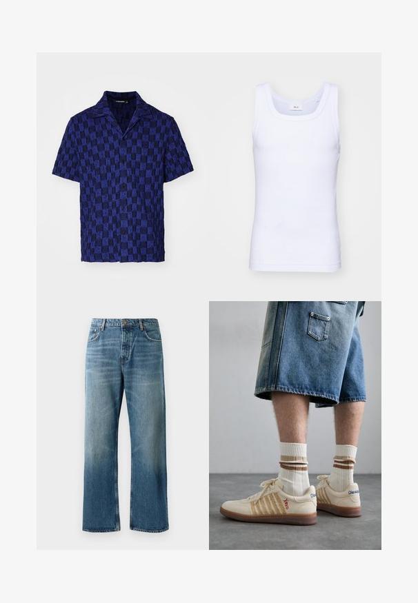 J.LINDEBERG TORPA RESORT - Shirt - bridge stack blue; White cotton sleeveless tank top with a round neckline, featuring a smooth texture and a fitting shape, designed for casual wear.; Light blue wide-leg jeans with a faded wash, featuring single-button closure, five pockets, and contrasting stitching.; Beige retro sneakers with brown rubber sole, featuring striped accents and embroidered logos. Worn with white socks, striped brown detail.