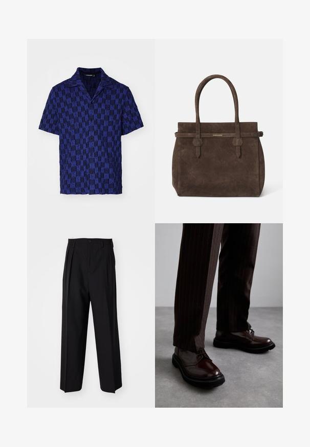 J.LINDEBERG TORPA RESORT - Skjorter - bridge stack blue; Hvid bomulds ærmeløs tanktop med rund halsudskæring, der har en glat tekstur og en tætsiddende pasform, designet til casual brug.; Sorte plisserede bukser med et lige, bred ben-design. Fremstillet af glat stof, med en knaplukning og bæltesløjfer.; Brune læder snørebåndssko med en glat finish, sort gummisål og diskret syning. Båret med brune bukser med striber.; Mørkebrune suede tote-tasker med to håndtag og et vandret bånd med en lille gul DSQUARED2 logo-plakette.