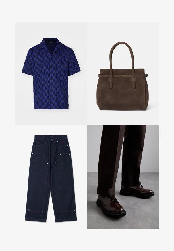 J.LINDEBERG TORPA RESORT - Skjorter - bridge stack blue; Hvid bomulds ærmeløs tanktop med rund halsudskæring, der har en glat tekstur og en tætsiddende pasform, designet til casual brug.; Mørk denim bredbukser med to frontlommer, sølvhardware-detaljer og kontrasterende rød syning. Har knaplukning og brandlogo.; Brune læder snørebåndssko med en glat finish, sort gummisål og diskret syning. Båret med brune bukser med striber.; Mørkebrune suede tote-tasker med to håndtag og et vandret bånd med en lille gul DSQUARED2 logo-plakette.