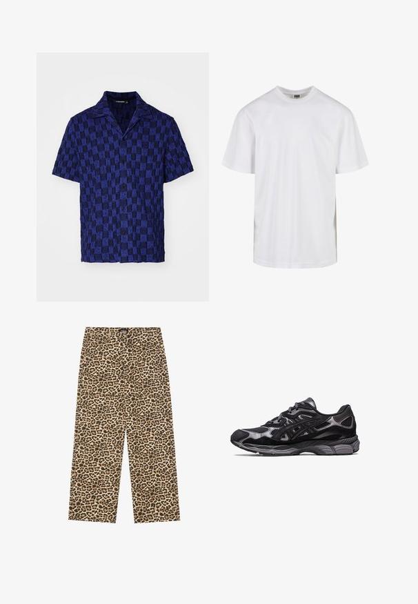 J.LINDEBERG TORPA RESORT - Majica - bridge stack blue; Bijela pamučna majica s okruglim izrezom i kratkim rukavima. Dizajn je jednostavan bez uzoraka ili akcenta.; YOURTURN UNISEX - Traperice opuštenog kroja - beige/black; Crne atletske tenisice s gornjim dijelom od mrežaste tkanine i antilopa, koje se odlikuju teksturiranim dizajnom i čvrstim, pufastim sivim potplatom.