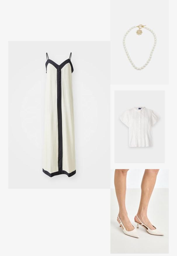 Biela krátka blúzka s rukávmi, okrúhlym golierom s čipkovým lemovaním, predným zapínaním na gombíky a vertikálnym skladaním. Mäkká textúra, ľahký materiál.; Bezrukávové maxi šaty v krémovej farbe s hlbokým V-výstrihom a čiernym lemovaním pozdĺž okrajov a prednej časti. Vyrobené z ľahkej tkaniny.; Bežové lakované lodičky na podpätku so špicatou špičkou a 5 cm podpätkom, s výrezmi po stranách a tenkým remienkom okolo členka.; Biela kvetinová taška s nariaseným textilným povrchom, zlatým reťazovým popruhom a kovovým zámkom. Obsahuje textúrované okvetné lístky pre väčší detail.; Lauren Ralph Lauren COLLAR - Náhrdelník - gold-coloured/white