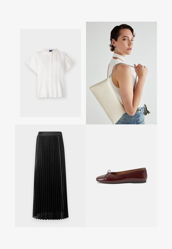 Balta īsām piedurknēm blūze ar apaļu mežģīņu apmalotu apkakli, pogu priekšpusi un vertikālām krokām. Mīksta tekstūra, viegla auduma.; Kleinotā melna svārku ar gludu jostasvietu, izgatavots no viegla auduma. Tajā ir skaidri vertikāli krokas un garums līdz pusliekam.; Burgundijas laku ādas baleta kurpes ar noapaļotu purngalu, nelielu loku akcentu priekšā un zemu melnu gumijas zoli. Gluda tekstūra.; Balts taisnstūra clutch soma, izgatavota no spīdīga materiāla, ar sudraba ķēdes siksnu. Modelis pozē, demonstrējot somu uz vienkārša fona.