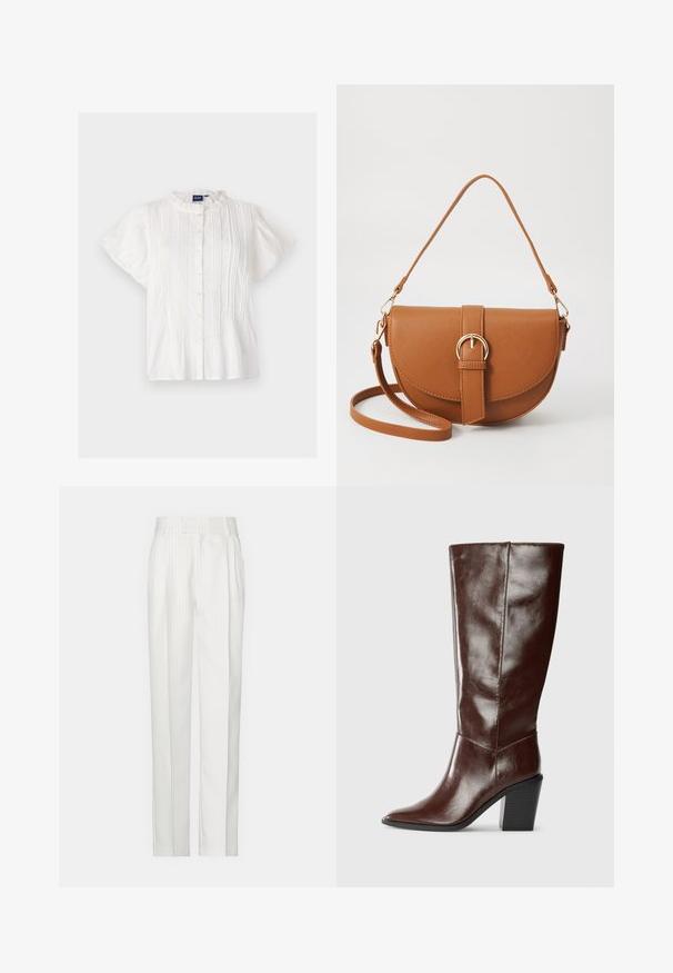 Hvid bluse med korte ærmer, rund krave med blonder, knaplukning foran og lodrette plisseringer. Blød tekstur og let materiale.; Hvide stikstribede bukser med et lige ben-design, lavet af et let stof. Har foldninger foran og et traditionelt liv.; Høj, mørkebrun læderstøvle med spids tå og stablet blokhæl, vist fra siden på en ensfarvet baggrund.; Brun læder crossbody taske med en buet form, guldfarvet hardware og en spændeaccent. Har en aftagelig skulderrem.