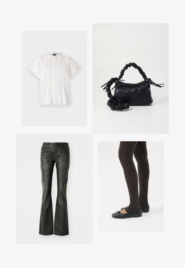 White short-sleeve blouse with a round lace-trimmed collar, button front, and vertical pleats. Soft texture, lightweight fabric.; Black faux leather flared jeans with front pockets, a metal button closure, and a slightly textured surface. Straight leg with a long cut.; Black flat shoes with a small bow detail at the toe, paired with dark brown ribbed tights. Shoes have a smooth texture and low profile.; Black faux leather handbag with a crocodile texture, cinched top, and a scrunched strap. Appears soft and compact in design.