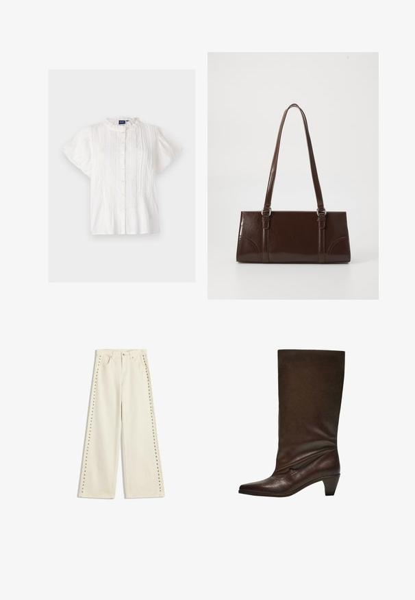 Weiße Bluse mit kurzen Ärmeln, rundem kragen mit Spitze, Knopfleiste und vertikalen Falten. Weicher Stoff, leichtes Material.; Helle cremefarbene weit geschnittene Jeans mit Metallnieten entlang der äußeren Nähte, fünf Taschen und einem normalen Knopfverschluss.; Dunkelbraune Lederstiefel bis zur Mitte der Wade mit niedrigem Blockabsatz, spitzem Schuh sowie leicht schlaffem Schaft vor einem weißen Hintergrund.; Braune Lackleder-Handtasche in rechteckiger Form, mit zwei langen Griffen und subtilen, geschwungenen Akzenten auf der Vorderseite.