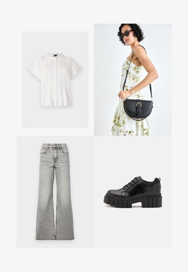 Valge lühikeste varrukatega pluus ümmarguse pitsist kaeluse, nööbivarruka ja vertikaalsete voldikatega. Pehme tekstuur, kerge kangas.; Kõrge talje ja laiad sääred helesinisest denimist pükstele. Omab nööbi ja tõmbluku sulgemist, ees on taskud ning nähtavad õmblused.; Must musta platvormsussid paksu plokkninal, ümmarguse varbaga ja traditsioonilise nööridega kinnitamisega. Sussid on sileda tekstuuriga ja minimaalsete detailidega.; Mustmust mustraha kõverate joontega, eemaldatava rihmaga ja kuldsete detailidega. Kotil on klapp, millel on pandladetail.