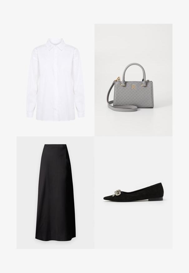 Weißes Langarmhemd aus Baumwolle mit klassischem Kragen und Knopfleiste, vollem Ärmel und geradem Schnitt am Saum.; Schwarzer Satin-Maxirock mit glatter Textur, hoch tailliertem Design, fließender Silhouette und ohne sichtbare Muster oder Hardware-Details.; Schwarzer Wildlederschuh mit spitzem Zeh, verziert mit einer dekorativen silbernen Schleife an der Vorderseite, mit niedrigem Absatz.; Tommy Hilfiger ETERNITY MICRO TOTE MONO - Handtasche - universal grey