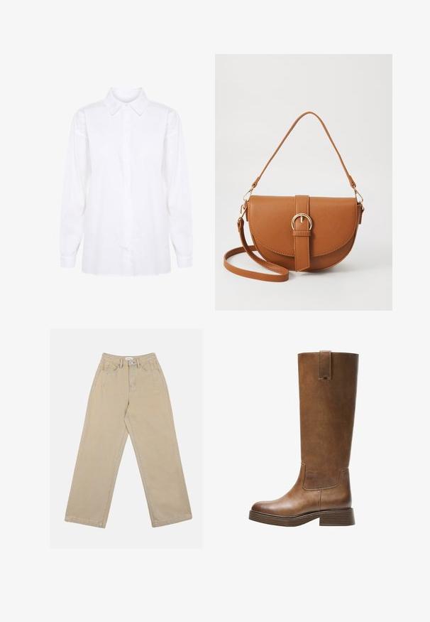 Fehér, hosszú ujjú, pamut ing, klasszikus gallérral és gombos zárással, teljes ujjaival és egyenes szabású alsó résszel.; Beige, széles lábú farmernadrág, mely magas derékkal, elülső zsebekkel és kontrasztos varrásokkal rendelkezik. A dizájn gombos záródást tartalmaz.; Barna bőr, térd fölé érő csizma kerek orral, texturált felülettel és alacsony, stakolt sarokkal. Oldalsó panel és húzóhurok található a tetején.; Barna bőr keresztbody táska ívelt formával, aranyszínű fémrészekkel és csat díszítéssel. Levehető vállpánttal rendelkezik.
