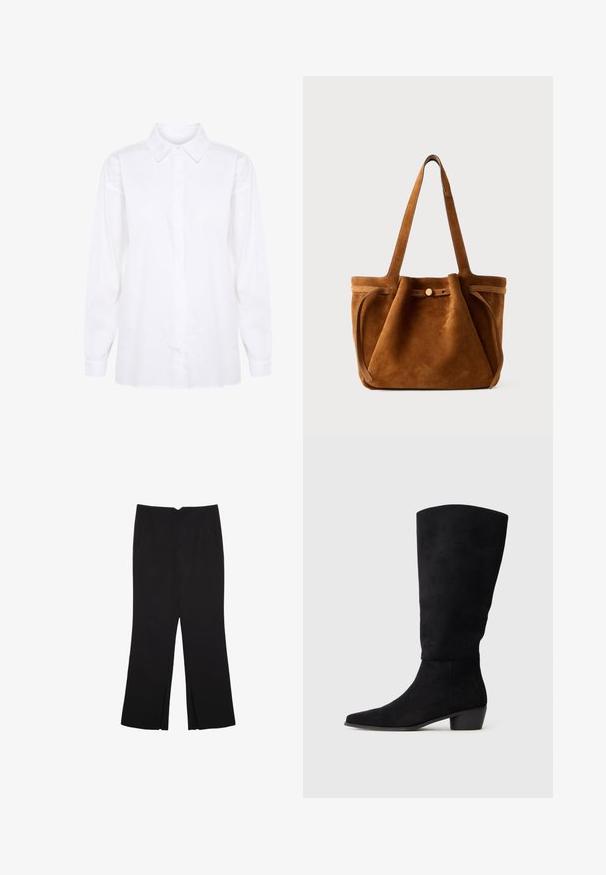 Biała koszula z długim rękawem wykonana z bawełny, z klasycznym kołnierzykiem i zapięciem na guziki, z pełnymi rękawami i prostym krojem u dołu.; Czarne spodnie o prostym kroju, z przednimi kieszeniami i bocznymi rozcięciami na dole. Wykonane z miękkiego, gładkiego materiału. Odpowiednie na różne okazje.; Czarne zamszowe muszki do kolan z niskim obcasem blokowym i spiczastym noskiem, zaprezentowane w widoku bocznym na jednolitym jasnoszarym tle.; Brązowa zamszowa torba tote z podwójnymi uchwytami, zapięciem na guzik oraz luźnym, lekko opadającym kształtem.