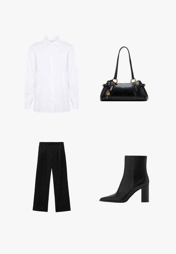 Camicia bianca a maniche lunghe in cotone, con colletto classico e chiusura con bottoni, maniche complete e taglio dritto in fondo.; Pantaloni neri a gamba larga con pieghe, caratterizzati da una texture liscia e un design a vita alta. Stile minimalista, senza hardware o decorazioni visibili.; Stivale alla caviglia in pelle nera con punta affilata, tacco quadrato, texture liscia e dettagli di cucitura lungo le cuciture. I tacchi misurano circa 3,5 pollici.; Borsa a mano in pelle nera con una texture liscia, forma arrotondata, dettagli in hardware dorato e doppi manici. Presenta un lucchetto decorativo sul lato.