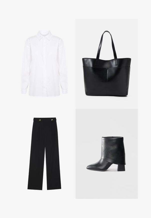 White long-sleeve shirt made of cotton, featuring a classic collar and button closure, with full sleeves and a straight cut at the hem.; Black wide-leg trousers with high waist, button details on waistband, and front pleats.; Black leather ankle boot with a pointed toe, smooth texture, and a structured block heel. Features a high, folded cuff design.; Black leather tote bag with two long handles, a smooth texture, and a structured shape. Features a front pocket for additional storage.