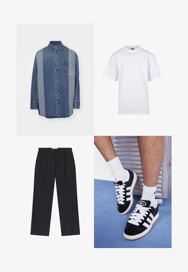 Jeansskjorta med en tvåtonad design i mörk och ljus blå, knappslå framtill, krage och bröstficka.; Vit bomullströja med rund halsringning, korta ärmar och en avslappnad passform. Har en enkel design utan mönster eller accenter.; skräddarsydda mörkblå byxor med hög midja, två framfickor, knappstängning och raka ben i ett slätt tyg.; Svarta mockaskor med vita snören och tre vita ränder. Har en rund svart logotyp på tungan och en gumminnedgummisula.