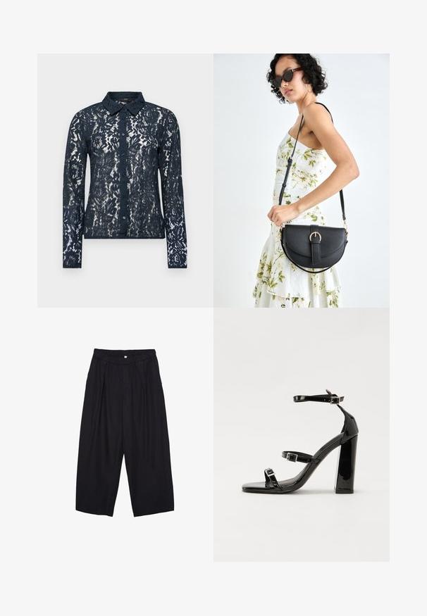 Camicia blu navy con bottoni e maniche lunghe, motivo floreale e colletto. Presenta una patta con bottoni e una delicata texture in pizzo.; Pantaloni culotte neri in poliestere con una cintura elastica, due pieghe frontali e una silhouette ampia. Nessun motivo visibile o dettagli in metallo.; Sandali con tacco in vernice nera, con punta squadrata, cinturini alla caviglia e fibbie in argento. Presentano un tacco a blocco spesso per maggiore stabilità.; Borsa a tracolla nera in pelle con una forma curva, manico rimovibile e accessori dorati. La borsa presenta una patta con un dettaglio a fibbia.
