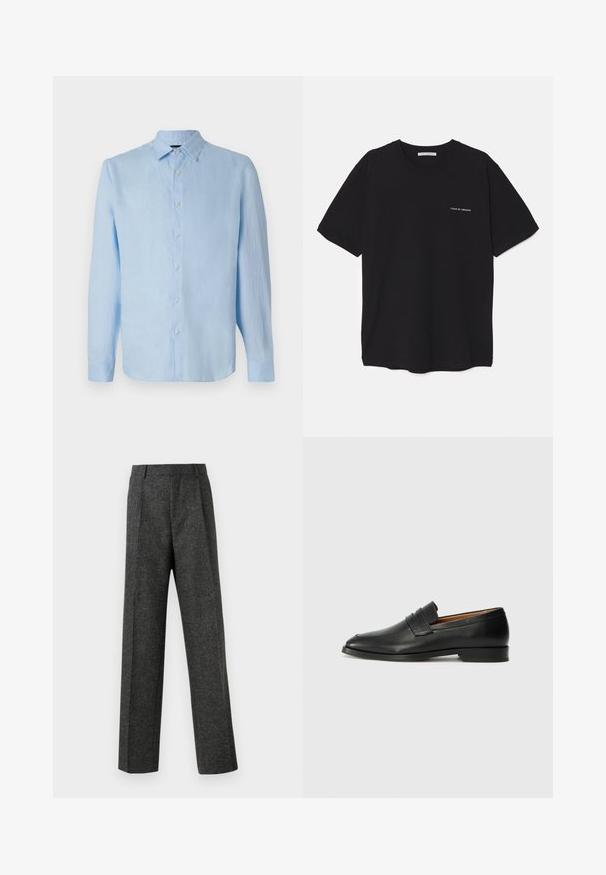 Light blue long-sleeve shirt made of linen, featuring a button-down front, a collar, and a straight cut. Soft texture with no visible patterns.; Black cotton T-shirt with a crew neck, short sleeves, and a white logo print on the left chest. Simple, solid color design.; Gray tailored trousers made of textured fabric, featuring two front pleats and a straight-leg design. No visible pockets or embellishments.; Black leather loafer with a rounded toe, subtle stitched detailing, and a low heel, featuring a smooth texture and minimalist design.