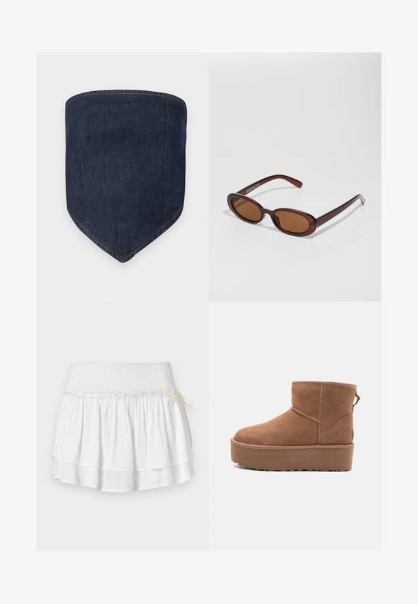 Mørkeblå denim ansigtsmaske med en struktureret form og en spids bund. Synlige stikninger omkranser kanterne, hvilket giver et rent finish.; Hvid tiered nederdel med elastisk talje, der har en tekstureret smocking-detalje og en dekorativ båndaccent. Lavet af bomuldsstof.; Tan ruskinds ankelstøvle med platformssål, rund tå og syninger; har en løkke bagpå for nem påtagning.; Runde, bruntonede solbriller med en glansfuld bordeauxramme. Slanke arme med diskret brandingdetalje. Flad linsedesign.