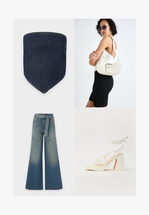 Tamsiai mėlynas džinsinis veido kaukė, turi struktūrizuotą formą su smailiu apačia. Matoma siūlė apibrėžia kraštus, sukurdama tvarkingą išbaigtumą.; Platus džinsinis kelnes su šviesiai tamsiai mėlynu gradientu, aukštu juosmeniu, diržo kilpomis ir atitinkančiu audinio diržu. Textūruotas džinsinis paviršius.; Balti aukštakulniai sandalai su masyviu kulnu, su dirželių dizainu ir kulkšnies raiščiu. Lygi tekstūra su platforma priekyje, suteikianti papildomą aukštį.; Balta odinė rankinė su kreiva forma, reguliuojama dirželiu ir mažu sagties akcentu. Modelis vilki priglundančius juodus drabužius.