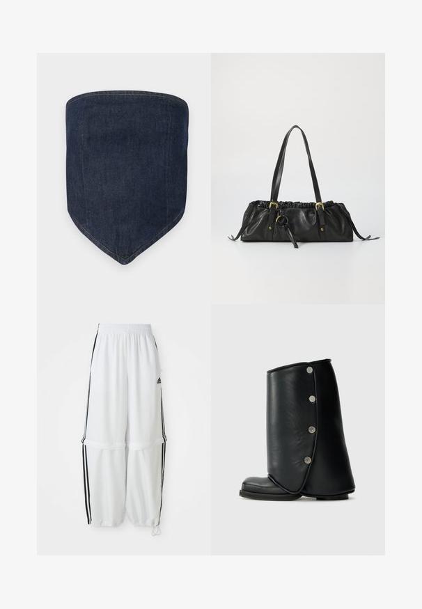 Tumed sinine denimist näomask, millel on struktureeritud kuju ja terav allosa. Nähtavad õmblused ääristavad servad, luues puhta viimistluse.; Valged sportlikud püksid, mille lõige on vabalt langev, elastse vöökoha ja mustade külgribadega. Omavad lukuga taskuid ja elastseid mansette pahkluude juures.; Mustad mustad nahast pahkluu saapad, millel on kaarjas disain, ümarad varbad ja dekoratiivsed hõbedased nupud välimisel küljel.; Must musta käekott volditud ülaosaga, kahe õlavarre rihmaga, kuldse ereduse detailidega ja keskel ringikujuline aksessuaar. Sile tekstuur, kompaktne kuju.