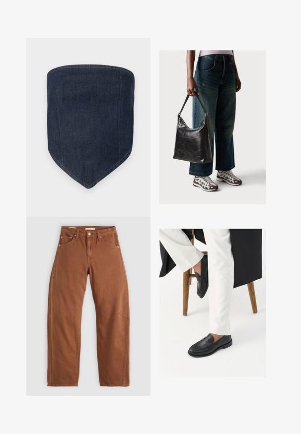 Masque facial en denim bleu foncé, doté d'une forme structurée avec un fond pointu. Les coutures visibles délimitent les bords, créant une finition soignée.; Jean droite couleur rouille avec poches avant et arrière, rivets en métal, fermeture à bouton et passants de ceinture, posés à plat sur un fond blanc.; Mocassins en cuir noir avec une texture lisse et un large détail de bride, portés avec un pantalon blanc sur mesure. Le talon présente un design plat.; Sac à bandoulière en cuir noir avec une texture lisse et une bandoulière réglable, associé à un jean ample décoloré et des baskets de sport.