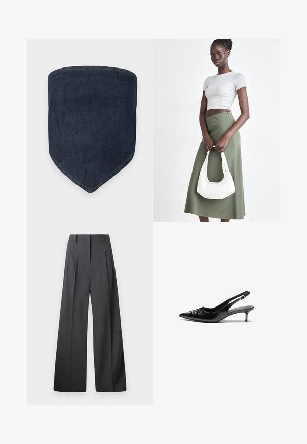 Dark blue denim face mask, features a structured shape with a pointed bottom. Visible stitching outlines the edges, creating a clean finish.; Wide-leg trousers in dark gray fabric, featuring a high waist, single pleats, and a smooth texture with a clean finish at the hems.; Black leather slingback heels with a pointed toe, small kitten heel, and a decorative knot detail on the front. Smooth texture throughout.; Gray ribbed crop top and olive green high-waisted skirt. Model holds a white shoulder bag with cut-out detailing. Simple design, fitted silhouette.