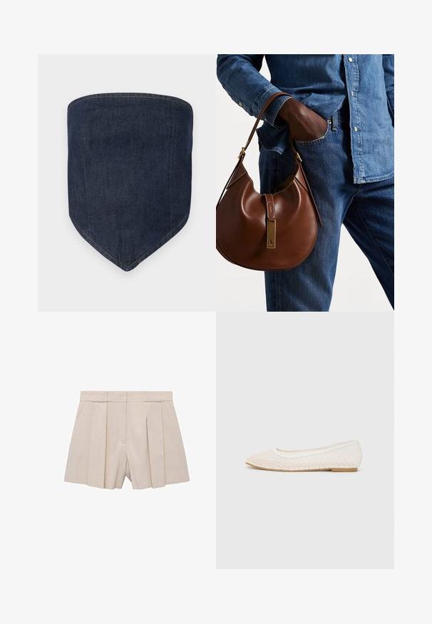 Mascherina in denim blu scuro, presenta una forma strutturata con un fondo appuntito. Le cuciture visibili delineano i bordi, creando una finitura pulita.; Pantaloni beige plissettati con design sartoriale, caratterizzati da un alto vita e una texture morbida. Quattro plissettature frontali creano volume. Senza tasche.; Scarpa piatta bianca con design in rete, punta affilata e suola bassa e piatta. Parte superiore testurizzata con fodera liscia e delicate rifiniture a contrasto.; Borsa hobo in pelle marrone con una forma arrotondata, dotata di dettagli in hardware dorato e cuciture a contrasto. Abbinata a una camicia di jeans e a un paio di jeans.