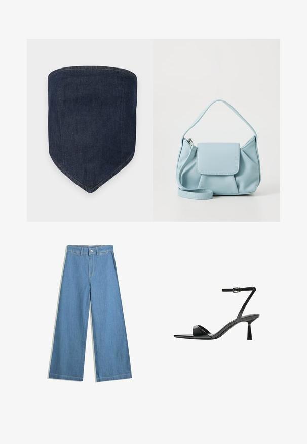 Sötétkék farmer arcfedő, amelynek szerkezete struktúrált formájú, hegyes aljú. A látható varrások körvonalazzák a széleket, ezzel tiszta befejezést biztosítva.; Világoskék, laza szárú farmernadrág, gombos záródással, övpántokkal és diszkrét varrási részletekkel.; Bershka Magas sarkú szandálok - black; Világoskék bőrtáska, felső fogantyúval, elülső fedélzsebkémmel és levehető csuklószíjjal, fehér háttér előtt.