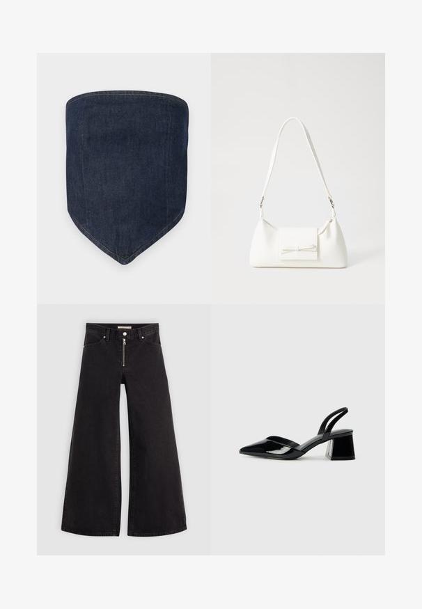 Mascarilla facial de denim azul oscuro, presenta una forma estructurada con un fondo puntiagudo. Costuras visibles delinean los bordes, creando un acabado limpio.; Jeans de pierna ancha en denim negro con cierre frontal, diseño de cinco bolsillos y detalles de costura sutiles. Textura suave y estilo casual.; Zapatos de tacón slingback de charol negro con punta afilada y tacón geométrico en bloque. Presentan un diseño elegante y minimalista, así como una textura suave.; Bolso sintético blanco con forma triangular, tapa frontal plana y detalle de lazo, correa ajustable, textura suave y diseño minimalista.