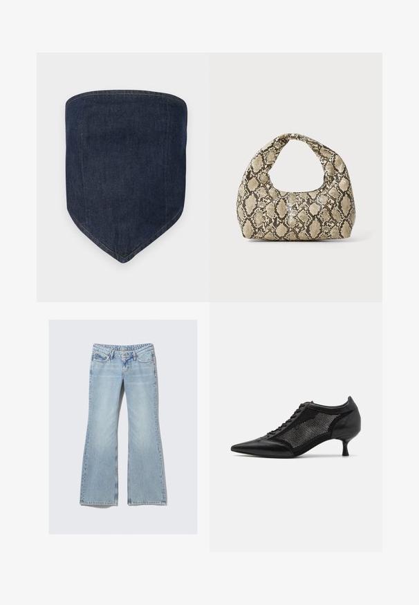 Tmavomodrá denimová maska na tvár, má štruktúrovaný tvar s špicatým dnom. Viditeľné švy obkresľujú okraje, čo vytvára čistý vzhľad.; Weekday NOVA - Slimfit džínsy - lip blue; Čierna topánka s ostrou špičkou a sieťovaným panelom, s nízkym opätkom a šnurovaním vpredu. Vyrobená z kombinácie kože a sieťoviny.; Kabelka s hadím vzorom a zakriveným rukoväťou. Vyrobená z textúrovaných béžových a hnedých materiálov, s charakteristickým diamantovým vzorom.
