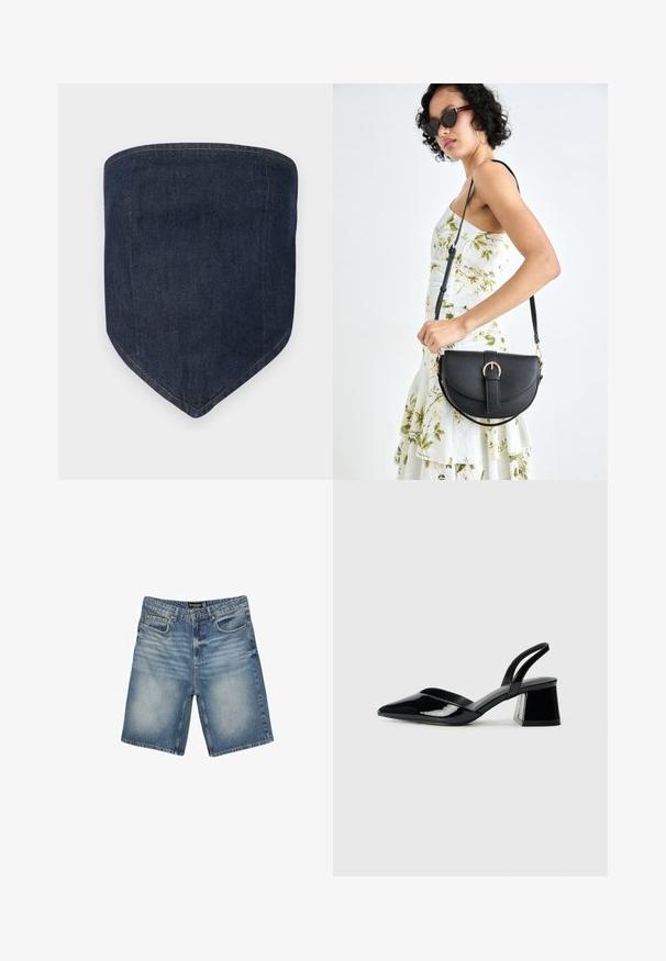 Temno modra denim maska za obraz, značilna po strukturirani obliki s koničastim dnom. Vidno šivanje obkroža robove in ustvarja čist zaključek.; Denim kratke hlače v svetlo modri barvi, z pasom z zankami za pas, petimi žepi in nekoliko zbledelim videzom za staran izgled.; Črne lakirane slingback pete s koničastim nosom in geometrijsko blokasto peto. Imajo eleganten, minimalističen dizajn in gladko teksturo.; Črna usnjena torbica s ukrivljeno obliko, z odstranljivo naramnico in zlatimi dodatki. Torbica ima pokrov s podrobnostmi v obliki zaponke.