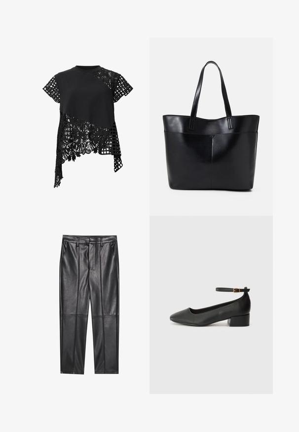 Svart topp med korte ermer, som har en kombinasjon av ensfarget stoff og intrikate blonder med blomsterdesign, samt et rutete mønster på den ene siden.; Sorte lærbukser med en glat tekstur, der har en lige pasform, to forlommer og synlige sømdetaljer.; Sorte skinnpumper med spiss tå og lav blokkhelt. Har ankelrem med gullfarget spenne. Glatt tekstur.; Svart lær toteveske med to lange håndtak, en glatt tekstur og en strukturert form. Har en frontlomme for ekstra oppbevaring.