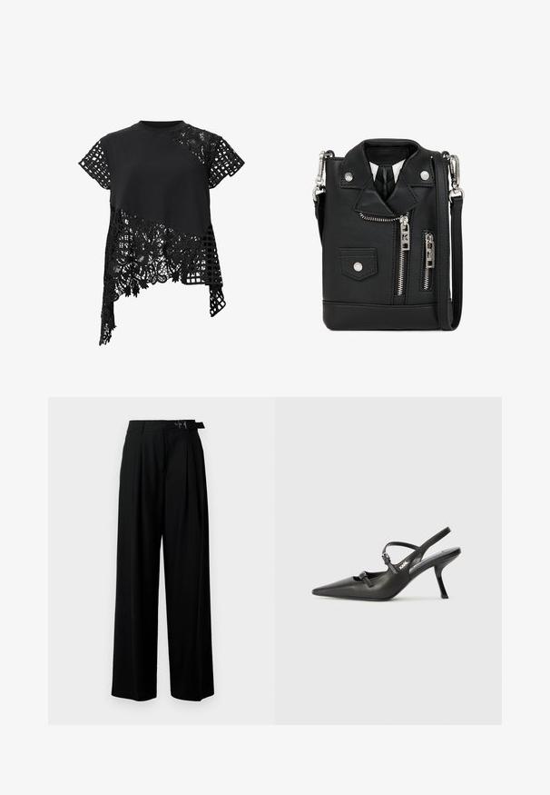 Musta toppi lyhyillä hihoilla, jossa on yhdistelmä yksiväristä kangasta ja monimutkaista pitsiä kukkakuviolla sekä ruudukkomuotoilu yhdellä puolella.; Mustat leveät housut korkealla vyötäröllä, etuosassa laskokset ja soljellinen vyö. Valmistettu sileästä ja kevyestä kankaasta.; Mustat nahkaiset slingback-korkokengät, joissa on terävä kärki, hoikka korko ja koristeellinen solkityyny varpailla. Tasainen pinta ja tyylikäs muotoilu.; Mustan keinonahkaisen olkalaukun muotoilu muistuttaa moottoripyörätakkia. Varustettu vetoketjuilla, napituksilla ja olkahihnalla. Kompakti ja rohkea ulkonäkö.