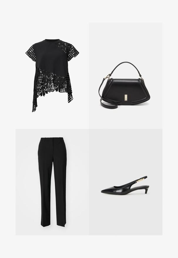 Top negro de manga corta, que presenta una mezcla de tela lisa y encaje intrincado con patrones florales, y un diseño en forma de cuadrícula en un lado.; Pantalones negros ajustados con un diseño de pierna recta, que presentan una textura suave y pliegues nítidos en el frente. Sin herrajes visibles.; Tacones negros de piel sintética tipo slingback con punta afilada, que cuentan con un tacón delgado y un detalle en tono dorado en la correa ajustable. Textura suave.; Bolso de mano de cuero negro con un diseño estructurado, que presenta una forma recortada, asa superior y acentos en dorado. Correa de hombro ajustable incluida.