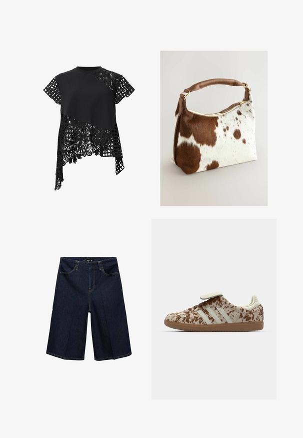 Musta toppi lyhyillä hihoilla, jossa on yhdistelmä yksiväristä kangasta ja monimutkaista pitsiä kukkakuviolla sekä ruudukkomuotoilu yhdellä puolella.; Tumman siniset farkkushortsit, joissa on rento istuvuus, kaksi etutaskua, keltainen ommel ja vyötärö, jossa on vyölenkit.; Juoksukengät, joissa on beige ja ruskea laikullinen kuvio, kolme valkoista raitaa, tarrasuljin ja ruskea kumipohja.; Nahkalaukku, jossa on ruskea ja valkoinen laikullinen kuvio, ruskea nahkahihna, kultaketju ja pehmeä rakenne. Rakenne on jämäkkä ja kulmat pyöristetyt.