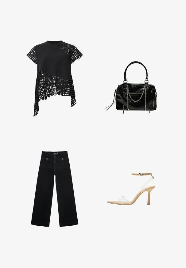 Musta toppi lyhyillä hihoilla, jossa on yhdistelmä yksiväristä kangasta ja monimutkaista pitsiä kukkakuviolla sekä ruudukkomuotoilu yhdellä puolella.; Mustat leveälahkeiset farkut korkean vyötärön kanssa, joissa on kaksi etutaskua ja metalliset nappikoristeet. Kangas on sileä.; Kirkas korkokenkä läpinäkyvällä varrella, beigellä pohjalla ja hoikalla nilkkahihnalla. Ominaisuuksiin kuuluu terävä kärki ja ohut korkea korko.; Bershka WITH CHAIN - Käsilaukku - black