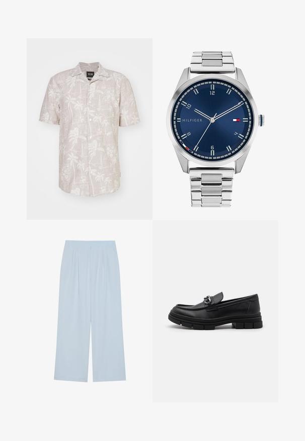 Hemd mit kurzen Ärmeln aus leichtem beigen Leinen, das ein weißes tropisches Muster mit Palmen, Blumen und Segelbooten zeigt.; Weißes Baumwoll-Top mit rundem Ausschnitt und breiten Trägern, kombiniert mit hellbeigen Hosen mit einem Knopf und Falten.; Helleblaue weit geschnittene Hose aus glatt verarbeitetem Material, mit vorderen Falten und einem elastischen Bund für zusätzlichen Komfort.; Schwarzer Lederloafer mit runder Zehenform, einem dekorativen Riemen und Hardware sowie einer robusten, strukturierten Sohle. Glatte Oberfläche mit dezenten Details.; Silberne Metall-Uhr mit einem gebürsteten blauen Zifferblatt, weißen Stundenmarkierungen und einem Datumsanzeiger. Verfügt über ein verlinktes Metallarmband und ein Markenlogo.