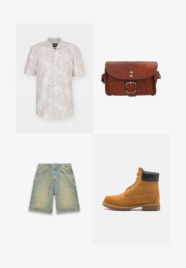Hemd mit kurzen Ärmeln aus leichtem beigen Leinen, das ein weißes tropisches Muster mit Palmen, Blumen und Segelbooten zeigt.; Hellblaue Jeansshorts mit einem elastischen Kordelzugbund, vorderen Taschen und verblasster Textur. Mit subtilen Verfärbungen und geradem Schnitt.; Beige Wildleder-Ankle-Boot mit schwarzem gepolstertem Kragen, goldenen Metallösen, weißen Nähdetalben und einer robusten Gummisohle mit ausgeprägtem Profil.; Braune Lederhandtasche mit Klappenverschluss, silbernem Schnallenbeschlag und kontrastierendem Steppdetail. Kompakte rechteckige Form mit glatter Oberfläche.