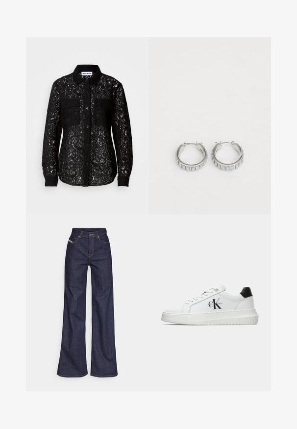 Fekete csipkebársony gombos ing, két elülső zsebbel, gallérral, hosszú ujjakkal és texturált virágmintával az egész felületen.; Sötétkék, bő szárú farmernadrág, magas derékkal, narancssárga varrással, öt zsebes kialakítással és gombos zárással.; Fehér alacsony szárú edzőcipő fekete saroktabbal, platform talppal, fűzőkkel és Calvin Klein "CK" logóval az oldalán.; Ezüst fülbevalók, texturált mintával, függőleges barázdákkal. Kerek forma, biztos záródással. Sima felület.