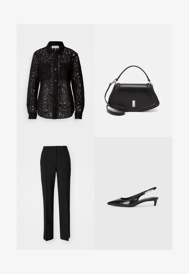 Cămașă neagră din dantelă, cu nasturi, două buzunare frontale, guler, mâneci lungi și un model floral texturat pe toată suprafața.; Pantaloni negri tailor-ed cu un design drept, având o textură fină și cute clare pe față. Fără elemente de prindere vizibile.; Sandale slingback din piele neagră cu vârf ascuțit, având un toc subțire și un accent de culoare aurie pe curea ajustabilă. Textură netedă.; Geantă de umăr din piele neagră, cu un design structurat, având o formă tăiată, mânere superioare și accente din aur. Include o curea de umăr ajustabilă.