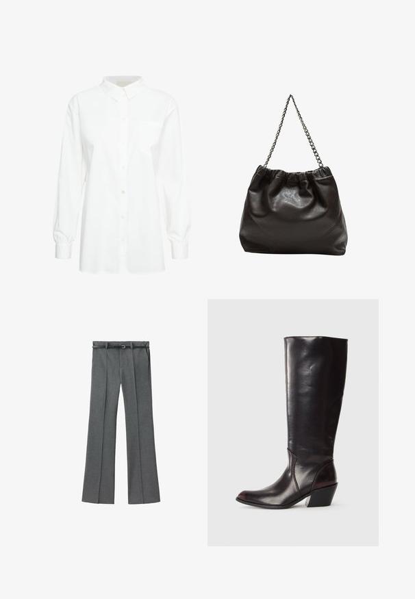 Bela dolga srajca s zapenjanjem, izdelana iz bombaža. Ima klasičen ovratnik, eno prsno žep in nagubane manšete. Gladka tekstura.; Sive prirejene hlače z ravno nogavico, lahkotna tkanina, zanke za pas ter ozkim pasom z zmanjšanim srebrom.; Čizmice iz temno rjave usnje, do kolen, z ostrim nosom, pravokotnim blokastim petam in gladko, sijočo teksturo. Imajo čist dizajn in podrobnosti šivanja.; Rjava usnjena torba z nabranim vrhom in verižnim trakom. Gladka tekstura z sijajno površino in subtilnimi šivi na straneh.