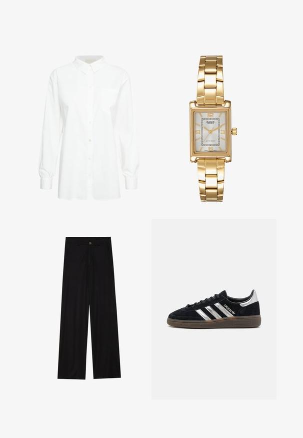 Balta ilga rankovėmygtukinė palaidinė, pagaminta iš medvilnės. Turi klasikinį apykaklę, vieną krūtinės kišenę ir susiraukšlėjusias rankoves. Lygus paviršius.; Plati juodos kelnės, pagamintos iš lygaus audinio, su priekinėmis kišenėmis ir mygtuko užsegimu liemenyje. Minimalistinis dizainas be raštų.; Juodai zomšiniai sportbačiai su baltais dryžiais, guminis padas ir blizgus sidabro akcentas ant kulno. Yra klasikinis žemas dizainas.; Aukso spalvos kvadratinis laikrodis su baltu ciferblatu, sidabro spalvos valandų žymekliais ir patvariu metaliniu apyrankiu. Įtrauktas vandeniui atsparus funkcionalumas.