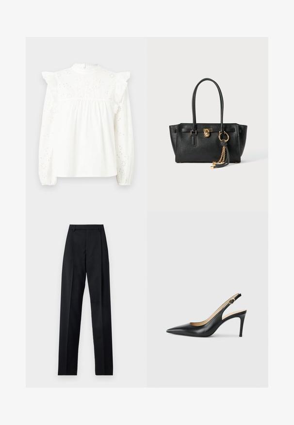 White cotton blouse with long sleeves, ruffled shoulders, lace trim, and floral embroidery patterns on the front and sleeves.; Black trousers made from smooth fabric featuring a high waist, wide legs, front pleats, and classic belt loops. No side pockets visible.; Black leather slingback high heels with a pointed toe, adjustable strap, and a sleek stiletto heel, featuring a smooth finish.; Black leather handbag with double handles, gold lock and chain detail, and black-and-white tassel accessory against white background.