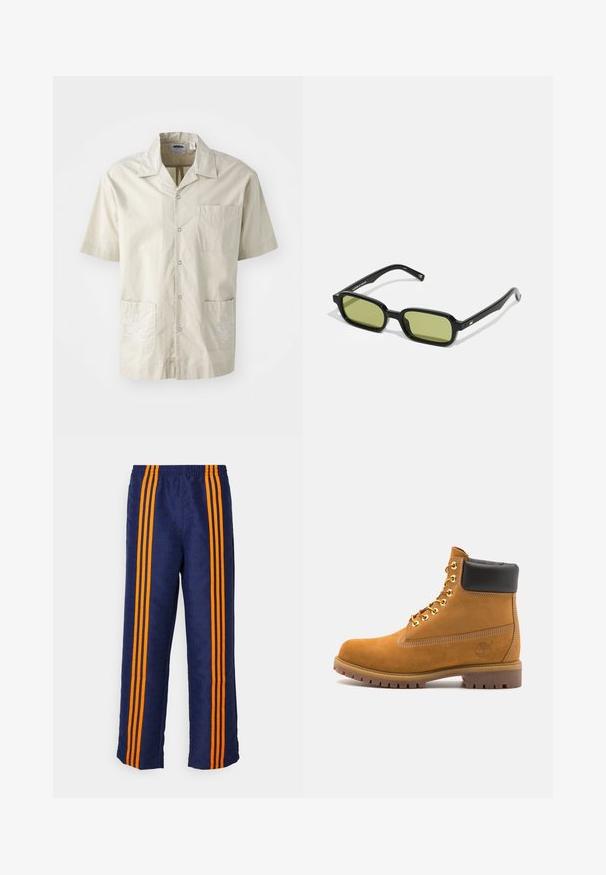 Bežna kratka majica s kratkimi rokavi, ovratnikom, gumbi spredaj, žepom na prsih in dvema sprednjima žepoma z belimi cvetličnimi vezeninami.; Modre trenirke s celotnim vzorcem in oranžnimi črtami ob straneh, ki imajo udoben elastičen pas in ohlapen kroj.; Svetlo rjave anklne čizme iz semiša z črnim oblazinjenim ovratnikom, zlatimi kovinskimi očesci, belimi šivi in robustnim gumijastim podplatom s izrazitimi tredi.; Črne sončne očala z ostrim dizajnom, zeleni leče in gladki plastični okvirji. Imajo zlate detajle na zatičih.