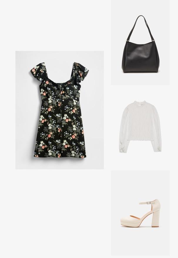 Witte top met een hoge gerimpelde halslijn en lange mouwen. Bevat een geplooide textuur aan de voorkant en een gladde stof op de mouwen.; Zwarte korte jurk met opgeblazen mouwen, kant trim op de halslijn en een multicolore bloemenpatroon in roze, wit, blauw en groene bladeren.; Crème-kleurige platformhakken met een ronde neus en verstelbare enkelriem. Beschikt over een chunky blokhak met een lichte houten accenten.; Zwarte synthetische leren handtas met een zachte textuur, hobo-vorm en dubbele schouderbanden; heeft een glanzende afwerking en een minimalistisch ontwerp.