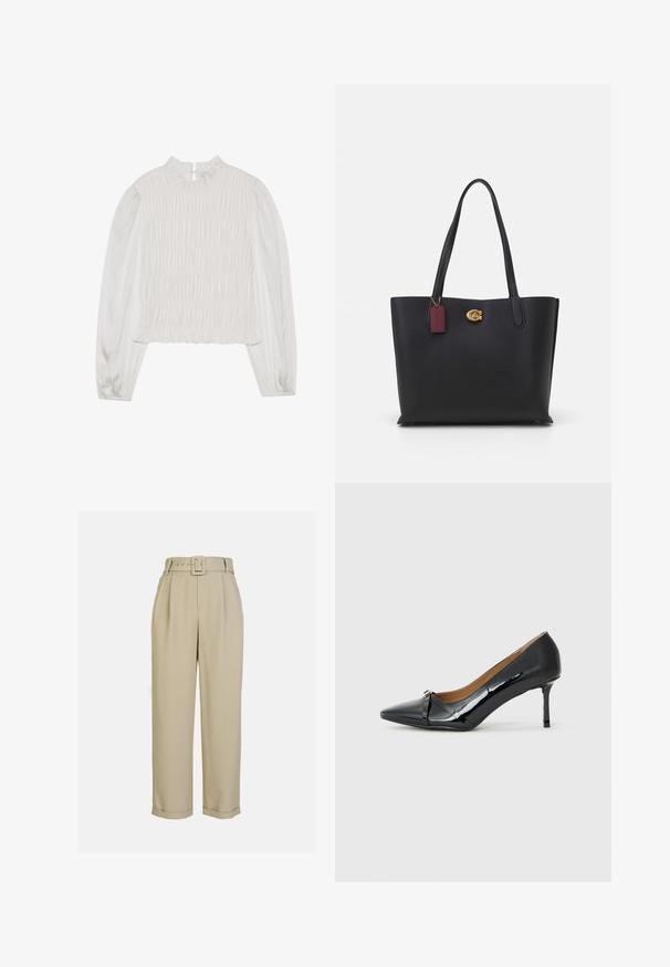 Biela blúzka s vysokým volánovým dekoltom a dlhými rukávmi. Vpredu sa vyznačuje zhrnutou textúrou a rukávy sú hladké.; Béžové vysoké nohavice s širokým strihom, s plisovaním, zodpovedajúcim pásom s obdĺžnikovou prackou a manžetovými lemami.; Čierna lakovaná vysoká podpätková topánka s ostrým špičkou, dekoratívnym remienkom vpredu a tenkým stiletto podpätkom.; Čierna kožená taška s dvoma dlhými uchami, textúrovaným povrchom, zlatými doplnkami a bordovou etiketou. Priestranný dizajn s otvoreným vrchom.
