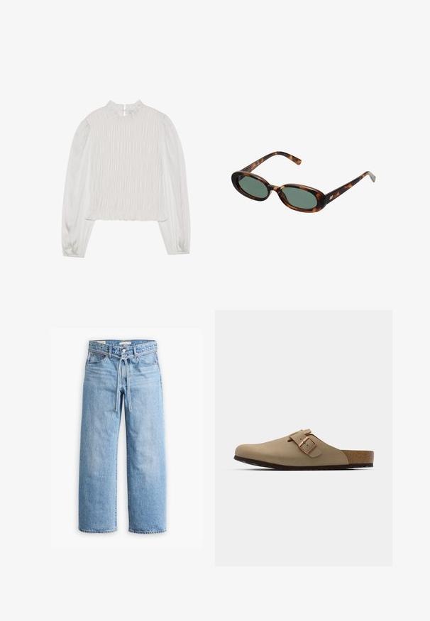 White top with a high ruffled neckline and long sleeves. Features gathered texture on the front and smooth fabric on the sleeves.; Light blue denim wide-leg jeans with a high waist, button and zip closure, and a drawstring detail at the waist. Raw hem finish.; Beige clogs with a rounded toe, adjustable buckle accent, and cork footbed. Textured surface with a black rubber sole for grip.; Tortoiseshell sunglasses with oval frames and green lenses. Features thin arms with a metallic accent near the hinges.