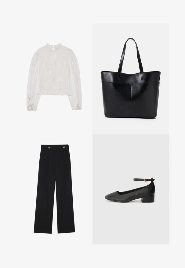 White top with a high ruffled neckline and long sleeves. Features gathered texture on the front and smooth fabric on the sleeves.; Black wide-leg trousers with high waist, button details on waistband, and front pleats.; Black leather pump with a pointed toe and a low block heel. Features an ankle strap with a gold-tone buckle. Smooth texture.; Black leather tote bag with two long handles, a smooth texture, and a structured shape. Features a front pocket for additional storage.