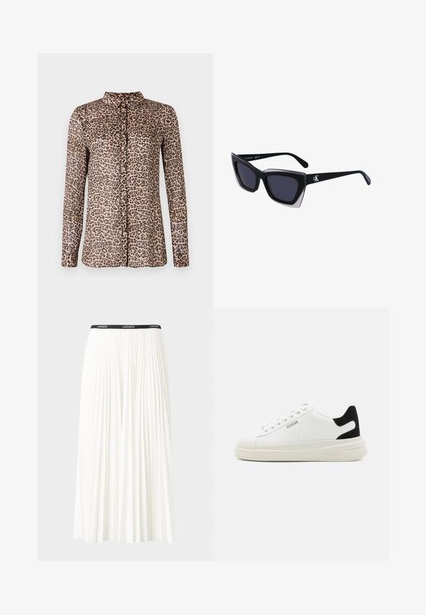 Leopard print button-up shirt with long sleeves, made from lightweight fabric, featuring a collar and pink buttons along the front.; Pleated white skirt with a black elastic waistband featuring the "LACOSTE" logo. Mid-length design with soft texture.; White leather sneakers with a thick white sole, black suede heel accent, and embossed logo on the side. Laced design with six eyelets.; Black oversized sunglasses with a geometric shape, featuring dark lenses and a contrasting grey detail on the frame. Logo on the arm.