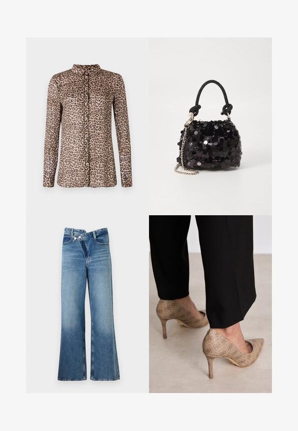 Leoopardenprint knopenoverhemd met lange mouwen, gemaakt van lichtgewicht stof, met een kraag en roze knopen aan de voorkant.; Lichtblauwe flared jeans met een hoge taille, voorzien van twee knopen en voorzakken. De stof heeft een vervaagde textuur met subtiele variaties.; Beige hoge hakken met een gestructureerde stof met een herhalend patroon. Puntige neusontwerp met een achteraccent en gouden hakdetail.; Zwarte pailletten mini handtas met een geknoopte textuurriem en zilveren ketting. Rondvormig met een geplooide bovenkant en reflecterende details.