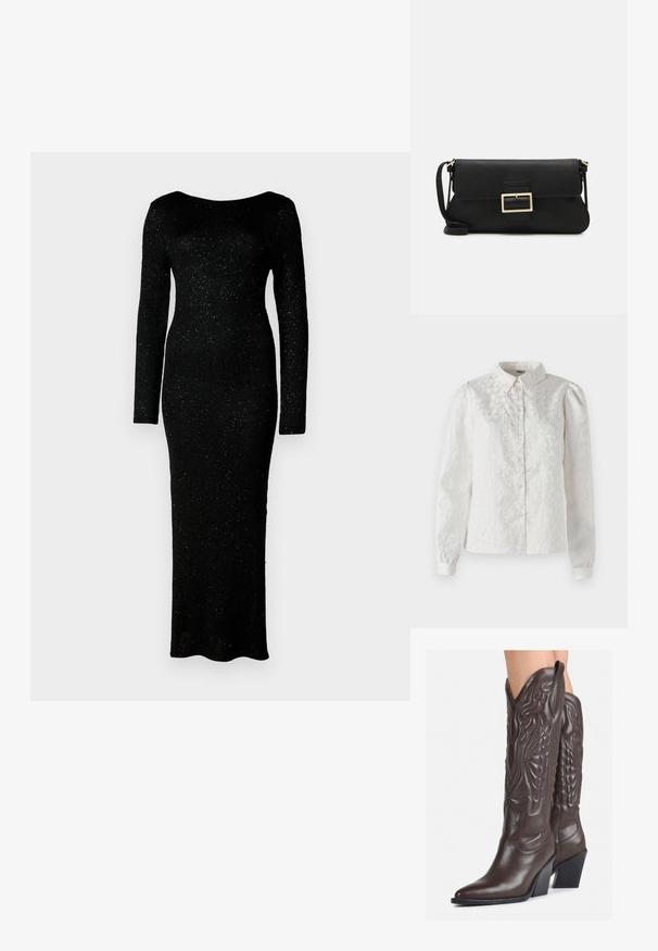 Blouse blanche à manches longues avec un motif cœur texturé, devant boutonné et col classique. Le matériau a un léger éclat.; Robe noire à manches longues en tissu texturé, avec une coupe ajustée et une longueur au sol, parsemée de légers paillettes.; Bottes de cowboy en cuir marron avec un bout pointu et un talon bloc, présentant des coutures détaillées et des accents en relief sur la tige.; Pochette en cuir noir avec un rabat et un détail en boucle en métal doré. Inclut une sangle noire et un design épuré et minimaliste.