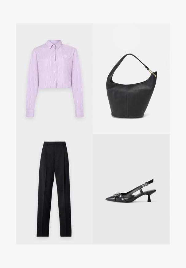 Przycięta koszula z guzikami w kolorze lila w pionowe paski. Posiada klasyczny kołnierzyk, długie rękawy oraz małe logo w okolicy klatki piersiowej.; Czarne spodnie wykonane z gładkiego materiału, z wysokim stanem, szerokimi nogawkami, fałdami z przodu i klasycznymi szlufkami na pasek. Brak widocznych kieszeni bocznych.; Czarne skórzane buty typu slingback z ostrym noskiem, ozdobnymi paskami z metalowymi oczkami oraz niskim klinowym obcasem. Teksturowana powierzchnia.; Czarna skórzana torebka o okrągłym kształcie, z szerokim paskiem i teksturowanym wykończeniem. Posiada subtelny detal szwu i akcenty w odcieniu złota.